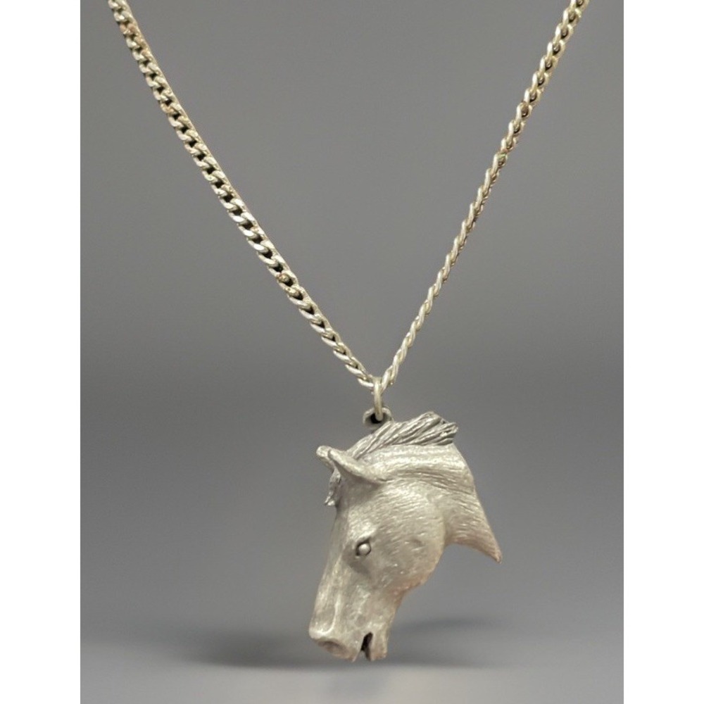 Vtg Pewter‎ Horse Head Necklace Silver Chain